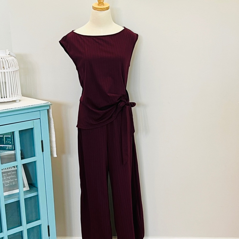 Halara Easy Peezy Jumpsuit size Small Regular Burgudy Wine Black Pinstripes